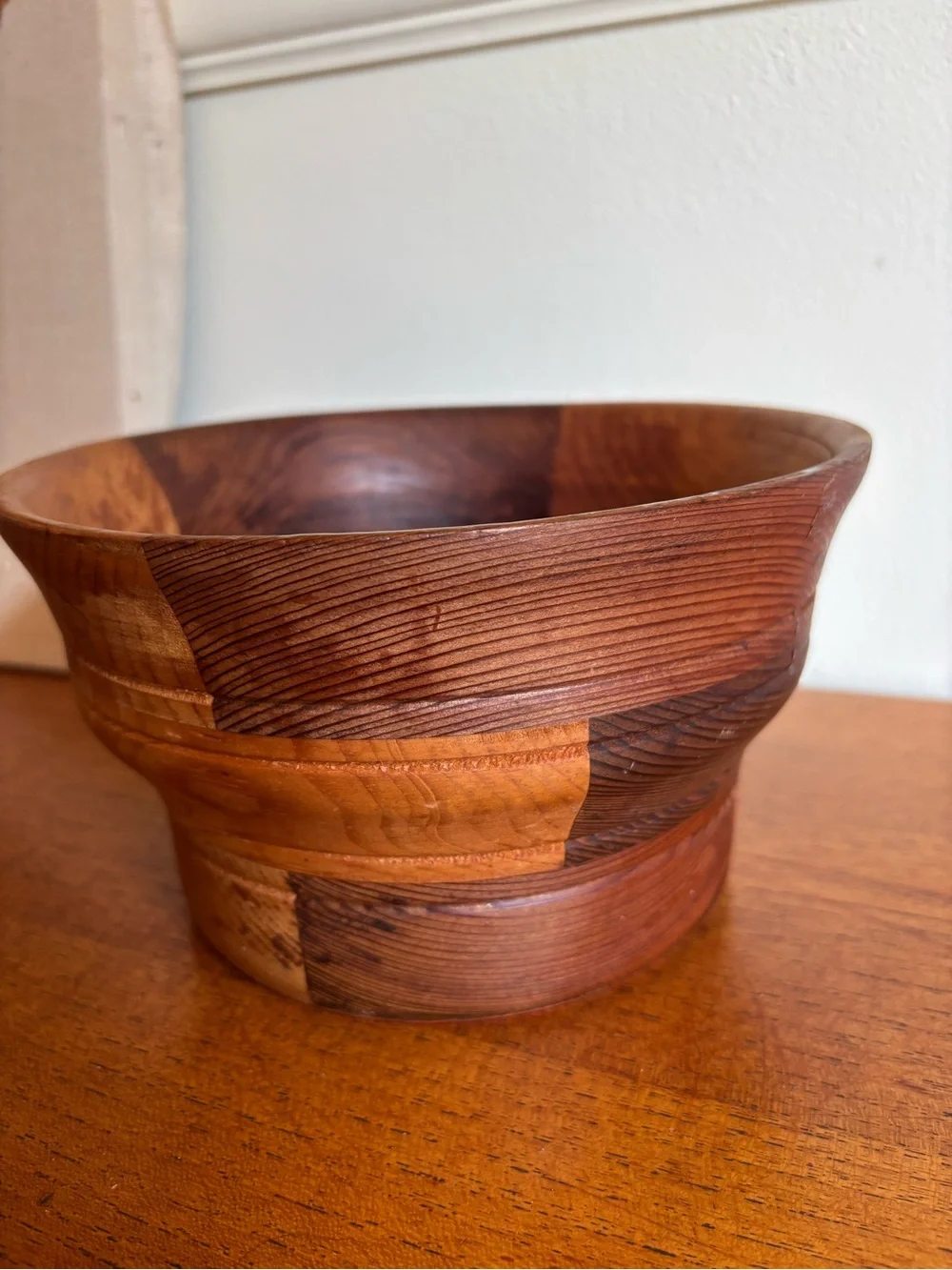 Mid century teak patchwork wood bowl fruit dish serving